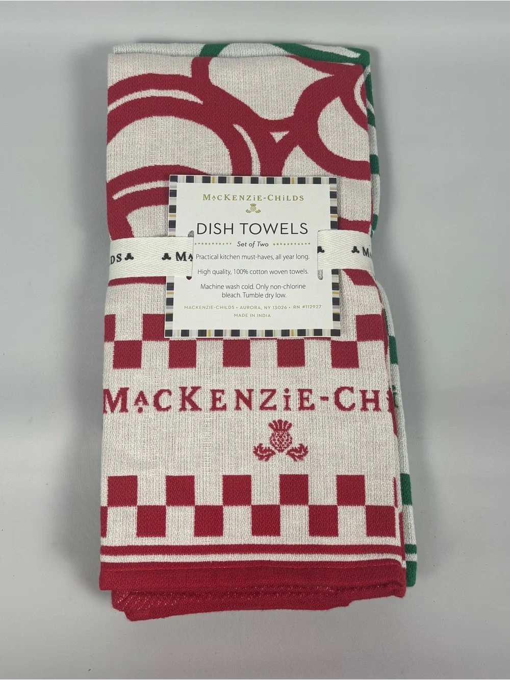 MacKenzie-Childs Red, Green and White Patterned Cotton Dish Towels - Set of Two